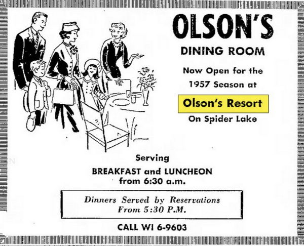 Olsons Resort - Jun 29 1957 Ad (newer photo)